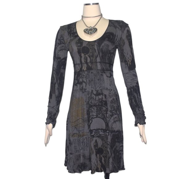 MC Planet Stretch Knit Short Dress Retro Art Deco Print Long Sleeves S M 8 - Picture 1 of 7